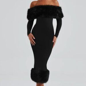 New Babyboo Fashion Vittoria Midi Dress Black Faux Fur Trim | Size Medium